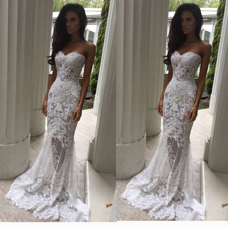 WD2147 Nuevo vestido de novia de encaje transparente sexy de moda con escote en forma de corazón y cola de pez 2018 