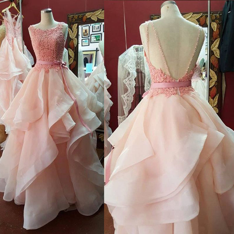 Fancy Boat Neck Ball Gown Prom Dresses Pink ,Lace Tiered Organza Princess Quinceanera Dresses for Sweet 16 ,Pink Wedding