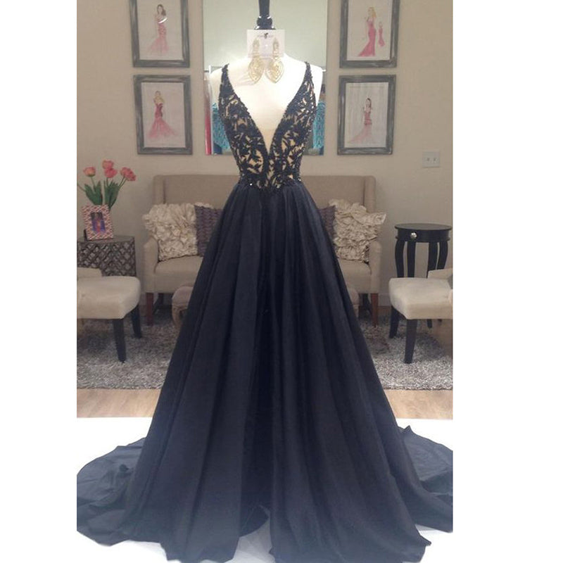 Sexy Deep V Neck Black Prom dresses A Line Long Lace corset Evening Dresses 2020