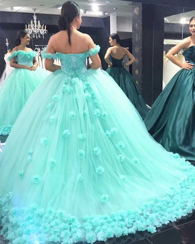 Princess Off Shoulder Mint Ball Gown Sweet 16 Dress Girls Birthday Party Prom Dress  Quinceanera Gown ,Flowers Wedding Dress WD06101