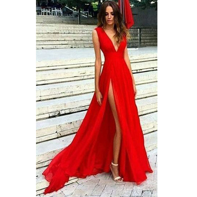 LP8901 Red  Long Sexy Slit Prom Dress V Neck  Evening Party Dress 2022 abiti da sera