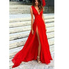 Red Flowing Chiffon Deep V Neck Sexy Summer Evening  Party Gown Long Prom Dresses Vestido De Festa LP478