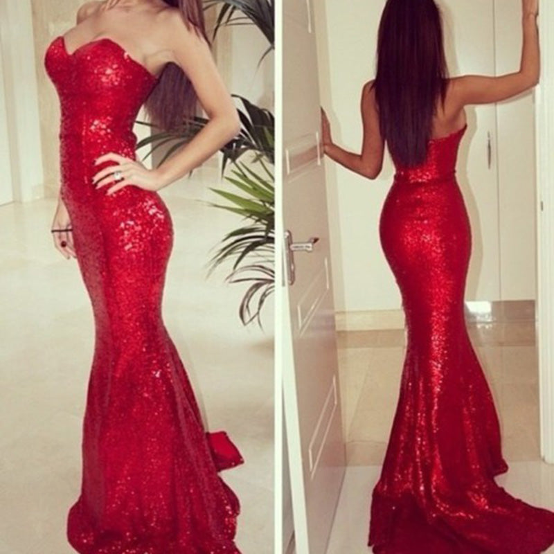 Enchanting Red Sequins Prom Dresses Sexy Sweetheart Mermaid Party Gowns Siaoryne