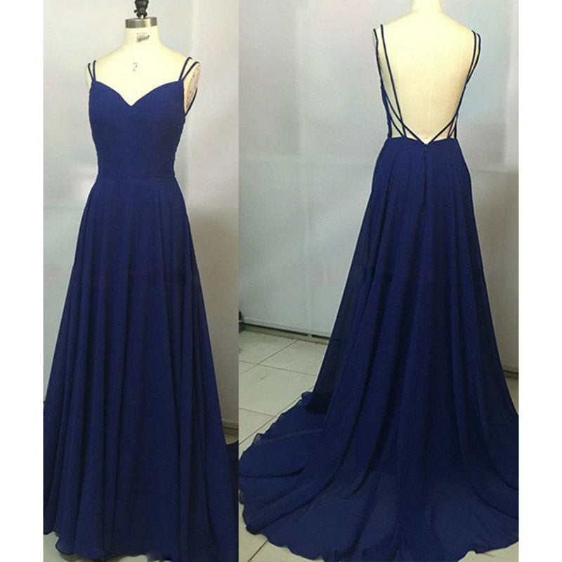Sexy Backless Spaghetti Straps Royal Blue Prom Dresses