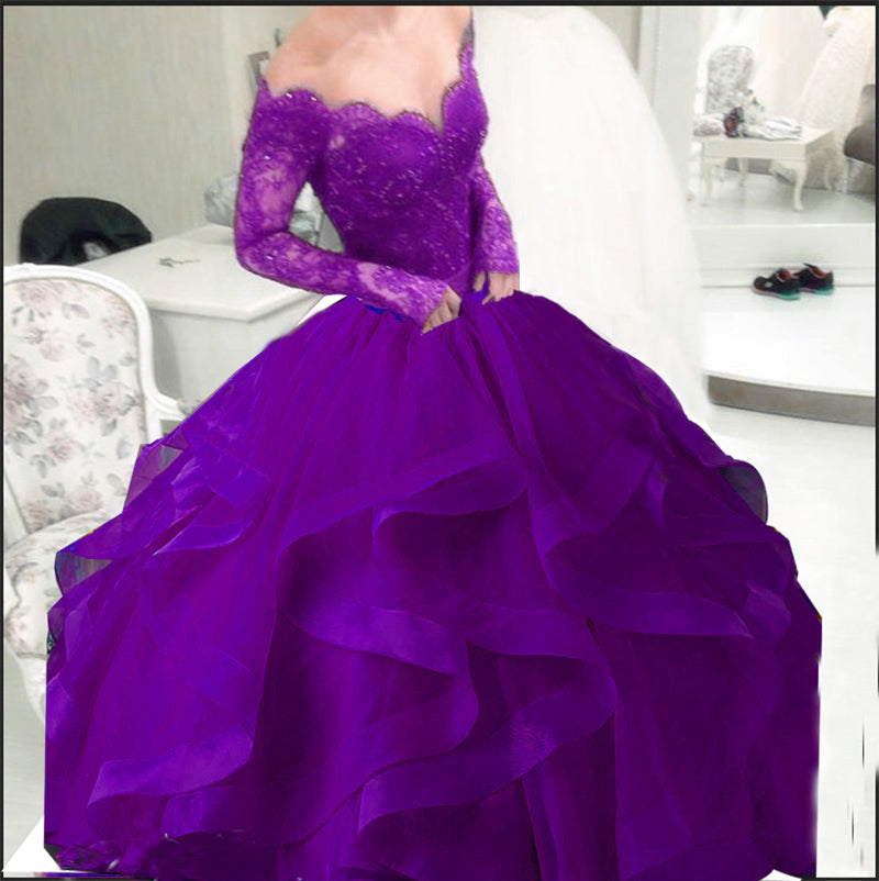 Royal Blue Puffy Ball Gown Organza Prom Dress Long Sleeves off the Shoulder Lace Evening Formal Gowns for Women