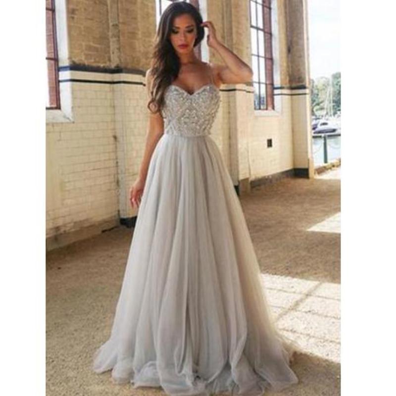 Sweetheart Tulle Grey Prom Dresses Long With Bodice Beading Evening Long Party Gowns