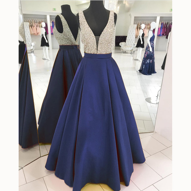 LP3358 Gorgeous Turquiose A Line Satin Senior Prom Dress 2018  Deep V neck Formal evening Gown