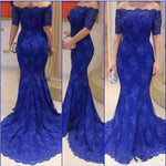 LP349 Royal Blue Off the Shoulder Lace Evening Dresses women formal wear with Short Sleeves vestidos de festa