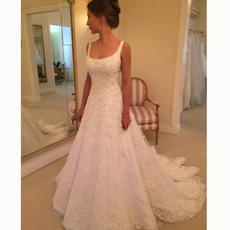 2020 Romantic Lace A Line Bridal Dress Scoop Neck Lace Wedding Gown Vestido De Novias