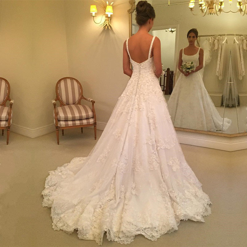 Romantic Lace A Line Bridal Dress Scoop Neck Lace Wedding Gown Vestido De Novias