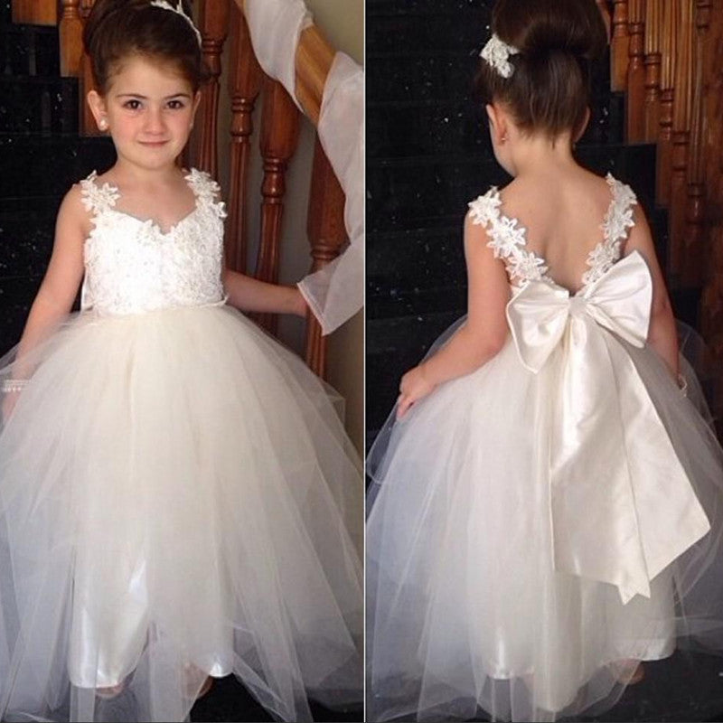 Cute Flower Girls Dresses Lace Appliqued Toddler /Baby Girl Dresses with Bow