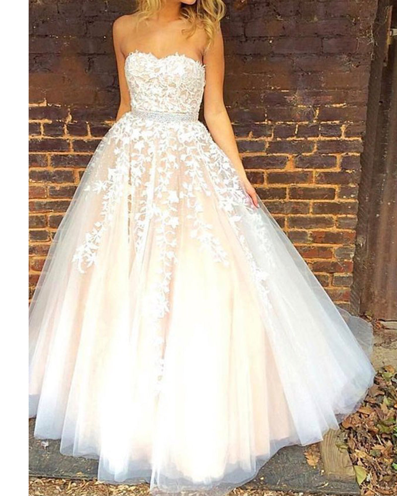 Sweet Baby Blue Strapsless Lace Tulle Girls Senior Prom Dress 2022 with Beading Belt PL01231