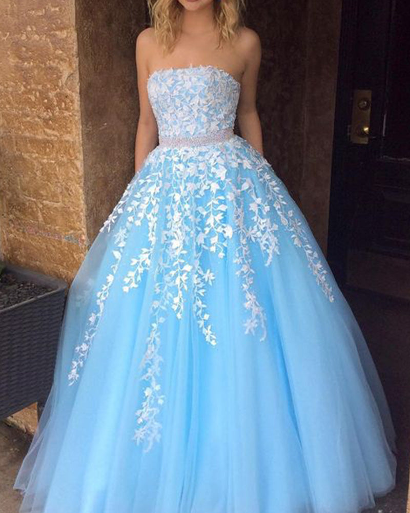 Sweet Baby Blue Strapsless Lace Tulle Girls Senior Prom Dress 2022 with Beading Belt PL01231