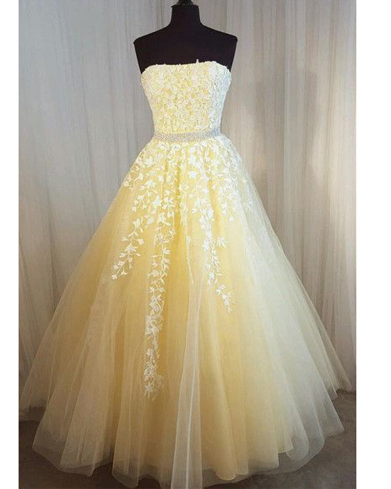Sweet Baby Blue Strapsless Lace Tulle Girls Senior Prom Dress 2022 with Beading Belt PL01231