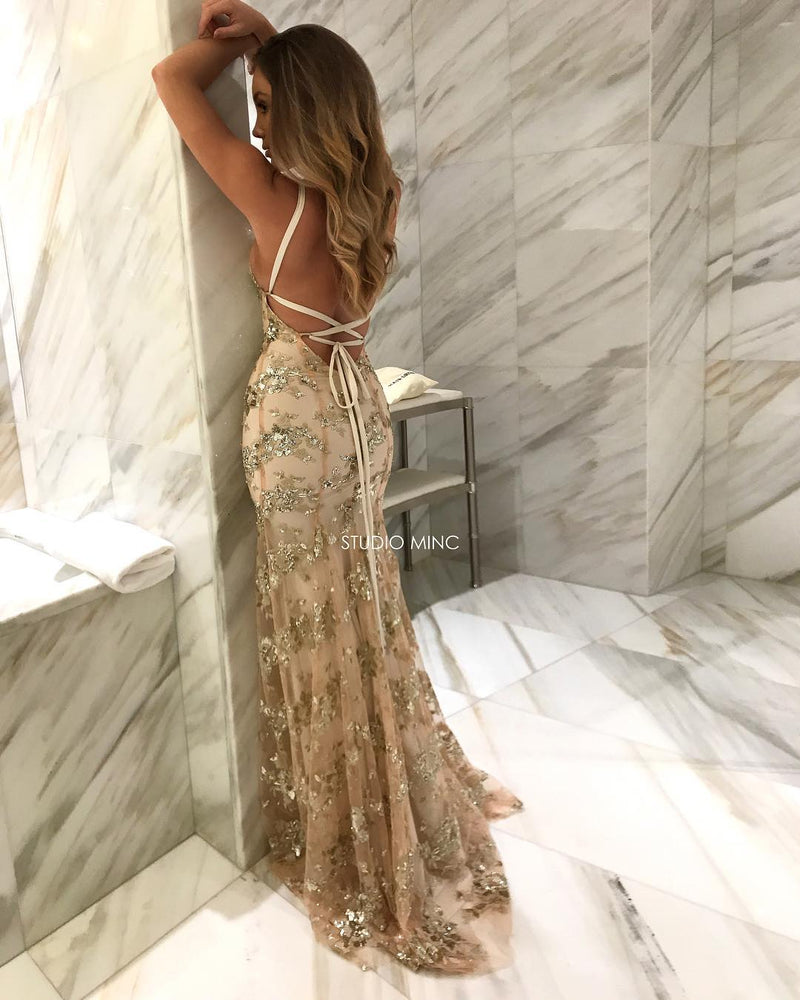 Gray /Gold Sequins Long Evening Dresses with Straps Sexy Mermaid Women Formal Prom Gown LP289
