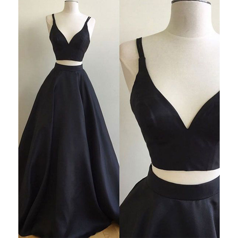 LP7892 Plunge V neck Black Crop Top Prom Dress Satin  Two Pieces A Line Long Evening Gown 2018