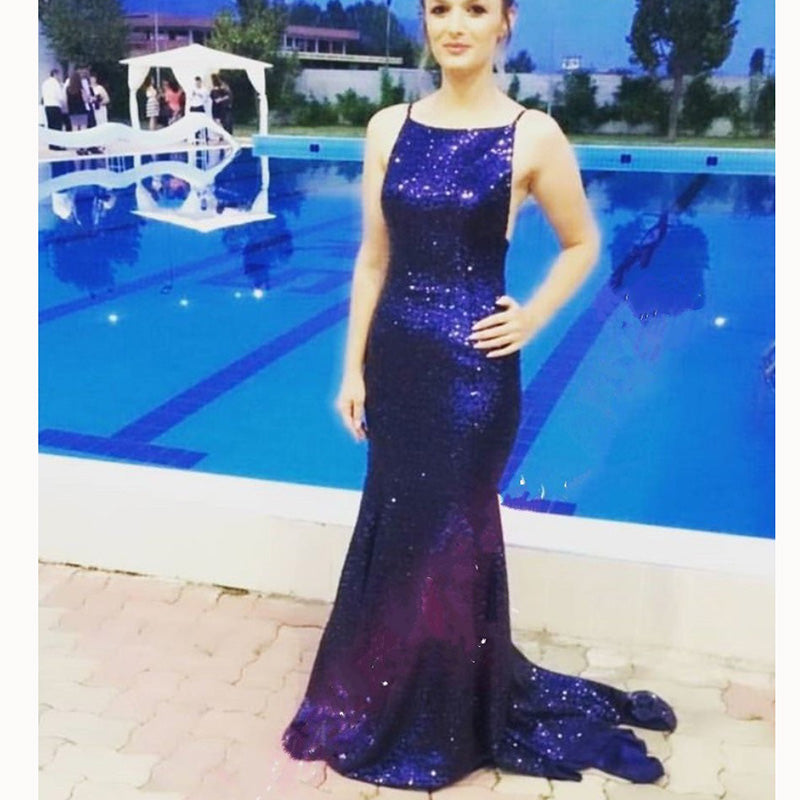 LP3214 Bling Bling  royal blue Spaghetti Straps Sequins Evening party Gown robe longue