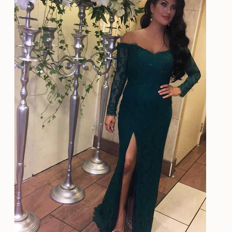 LP3352 Dark Green Lace Prom Dress off the Shoulder Formal Long Evening Gown with Sexy Slit fitted formal wear