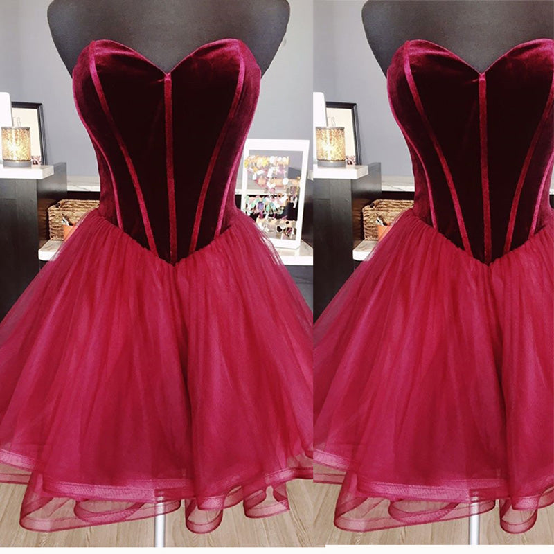 SP2141 Vestido de cóctel semiformal de terciopelo burdeos, corto, para fiesta de bienvenida, 2018