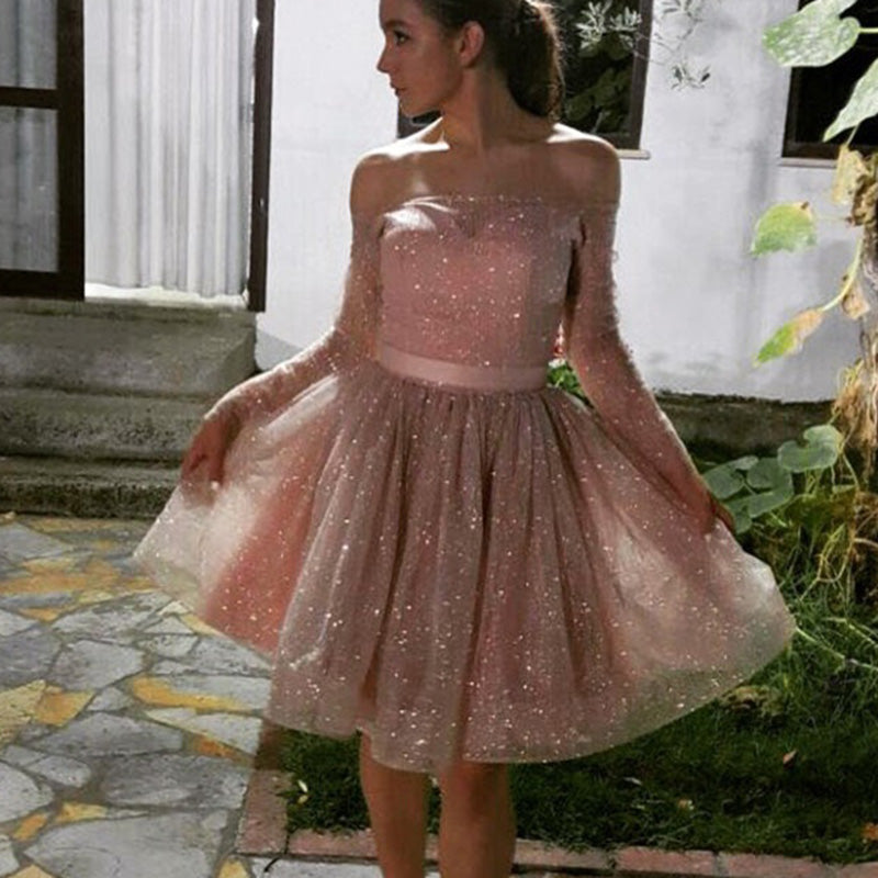 SP2580 Vestido de graduación rosa con lentejuelas brillantes, vestido corto rosa para fiesta de graduación, hombros descubiertos, mangas largas
