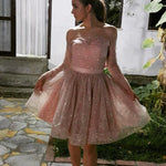 SP2580 Glitter Sequins Pink Graduation Dress Short Prom Pink Gown off the Shoulder for Homecoming in long sleeves