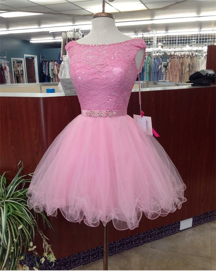 SP3354 Vestido corto de fiesta con escote redondo, vestido corto de graduación, vestido corto de fiesta de bienvenida, vestido de encaje 