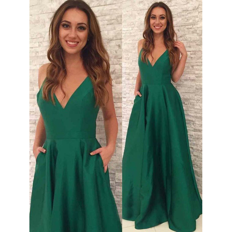 Elegant Emerald Green Spaghetti Straps Long Prom Dresses 2020 LP0528