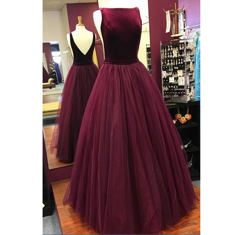 LP3258 Burgundy A Line Prom Dress Boat Neck Velvet Top Tulle Skirt Evening  Special Occasion Dress