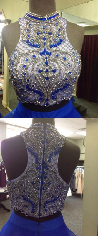 High Neck Halter Blue Prom Dresses Two Pieces ,Crop Top Tiered Skirt Senior Graduation Formal Gowns