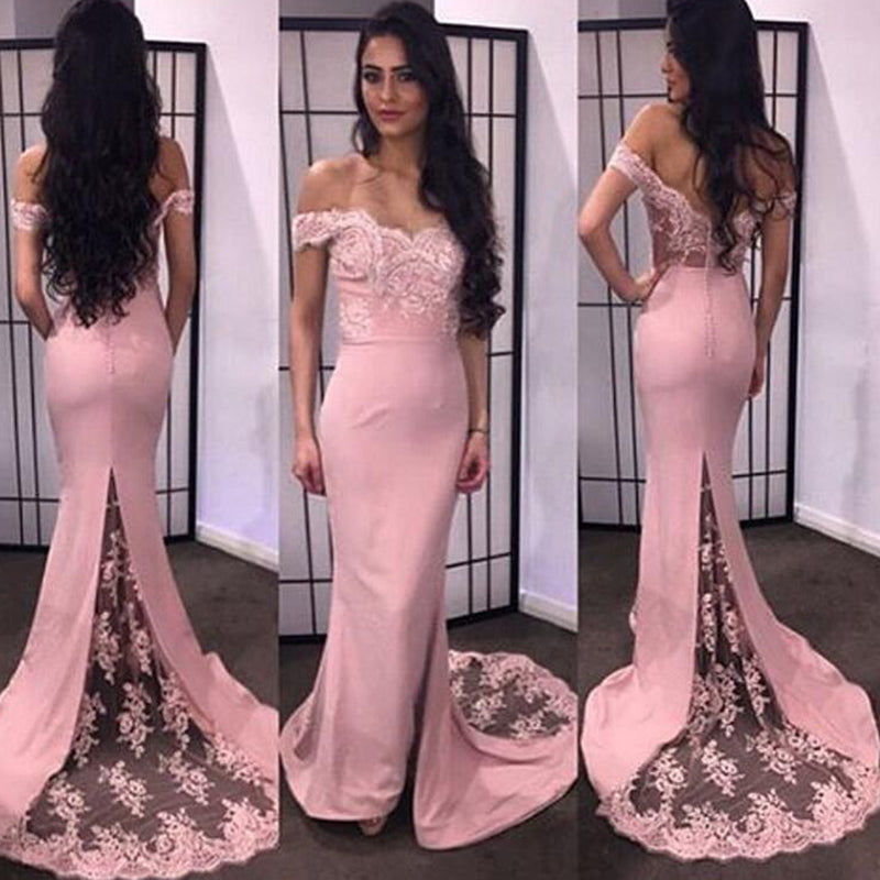 Fishtail Pink Bridesmaid Dress Long with Lace Wedding Party Guest Gown for Women LP535