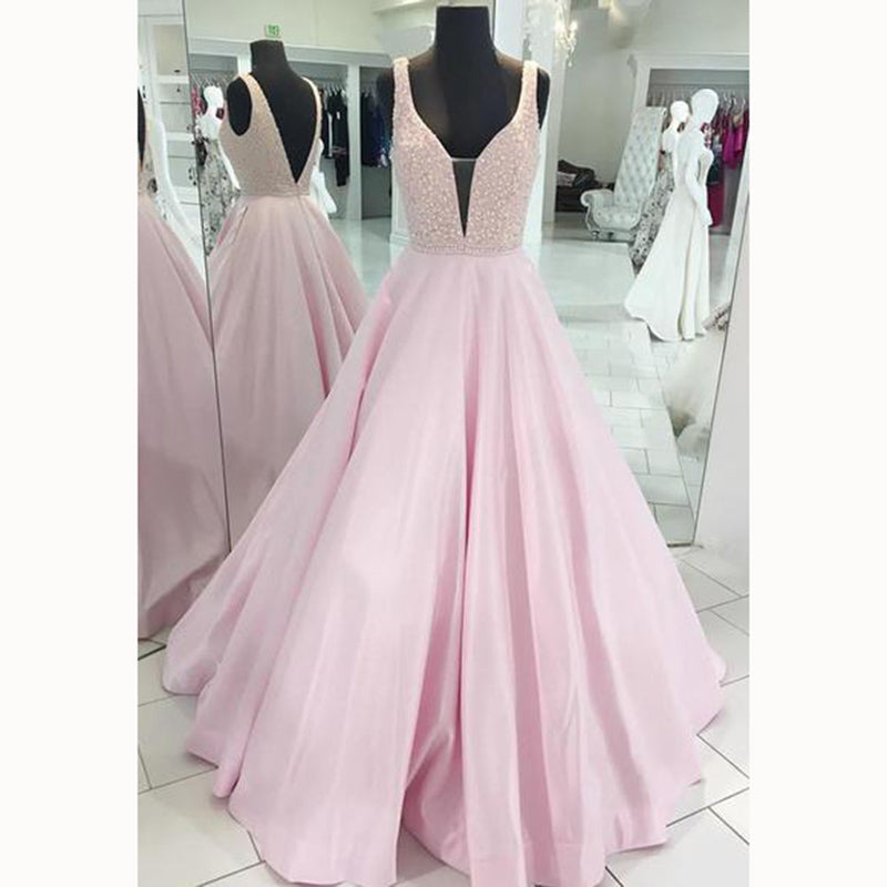 LP3381 A Line Senior Pink Prom Dress 2018 Plunge V neckline Beading Pageant Dress Girls