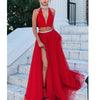 Fashion New Halter Red Prom Dress Two Pieces Ballroom Dance Gown Sexy V Neck Party Dress