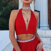 Fashion New Halter Red Prom Dress Two Pieces Ballroom Dance Gown Sexy V Neck Party Dress