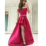 Hot Pink Lace Crop Top Prom Dress 2 Pieces for Graduation Two Pieces Girls Formal Wear with Slit