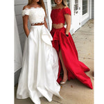 Hot Pink Lace Crop Top Prom Dress 2 Pieces for Graduation Two Pieces Girls Formal Wear with Slit