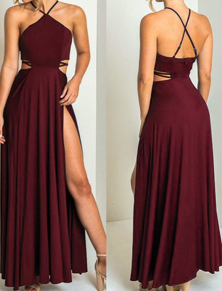 Elegant Navy Blue/Burgundy Halter Long Party Prom Dresses with High Slit PL302