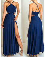 Elegant Navy Blue/Burgundy Halter Long Party Prom Dresses with High Slit PL302