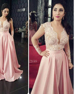 Ivory/Pink Lace Appliqued Women Formal Evening Dresses with Long Sleeves Wedding party Gown PL0021