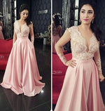 Ivory/Pink Lace Appliqued Women Formal Evening Dresses with Long Sleeves Wedding party Gown PL0021