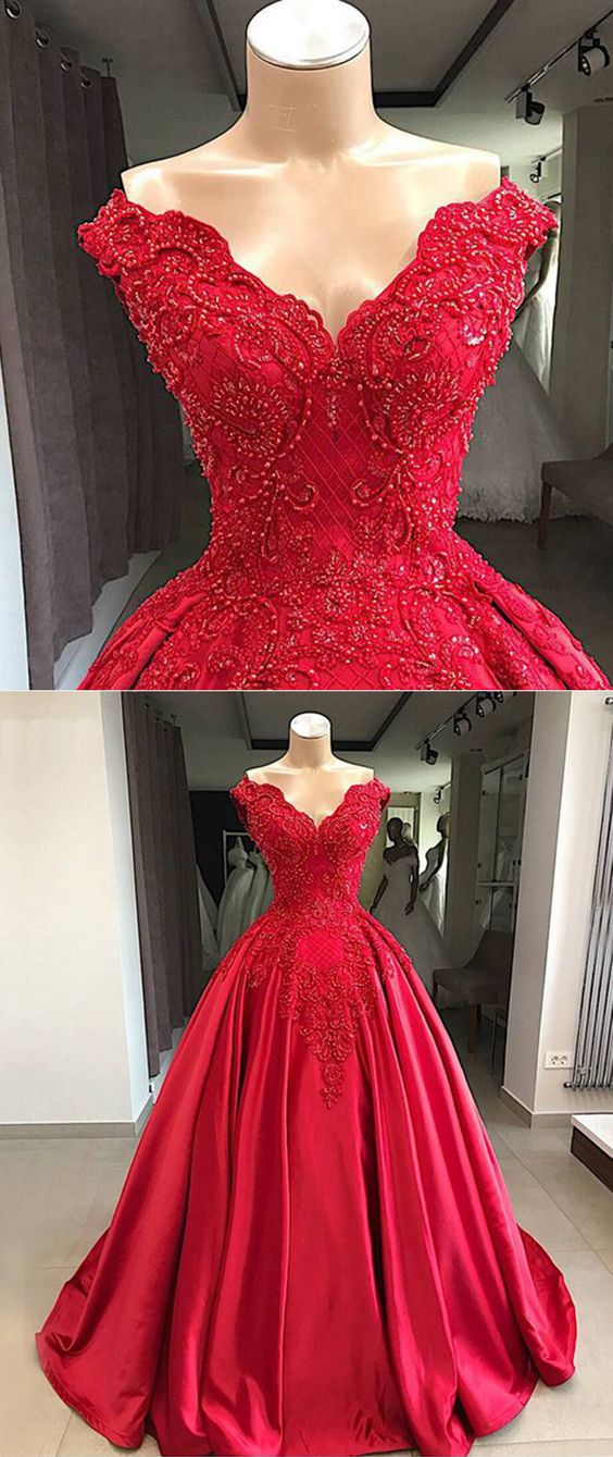 Red lace Satin Ball Gown Prom Dresses Long with beading PL2100