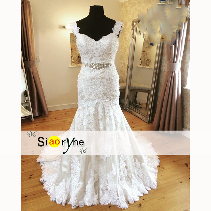 Vestido de novia clásico de sirena con mangas cortas y encaje WD2558 con cinturón de cristal 2018 