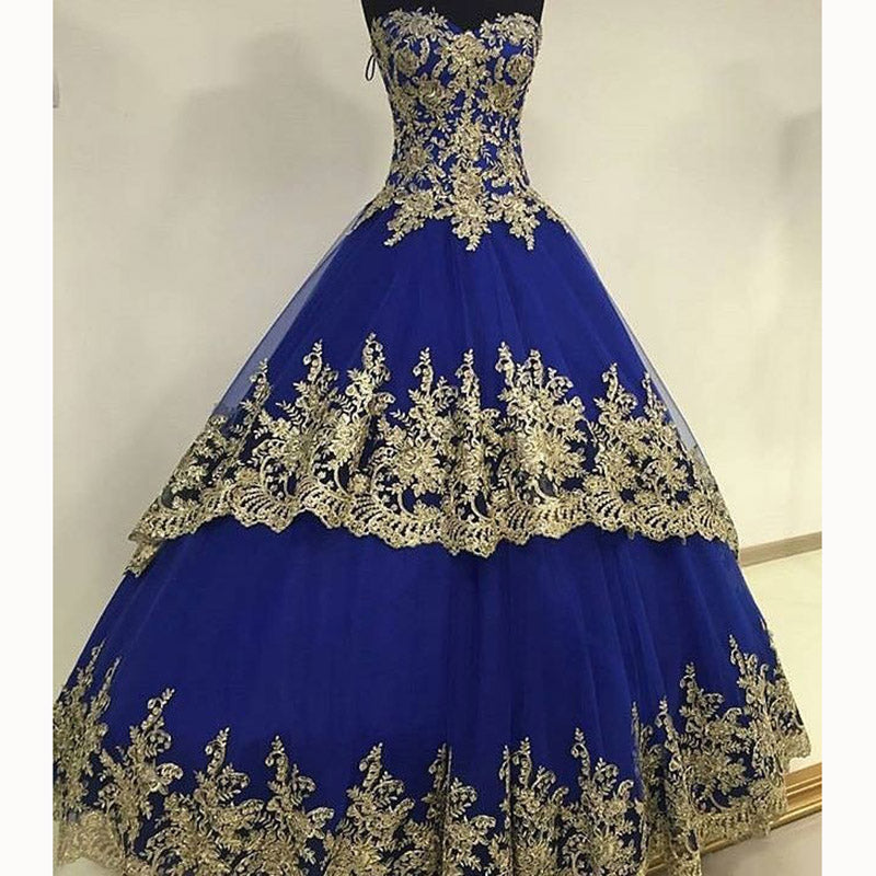 New Royal Blue Ball Gown Wedding Dresses with Gold Lace Reception Formal Gown 2022 WD5541
