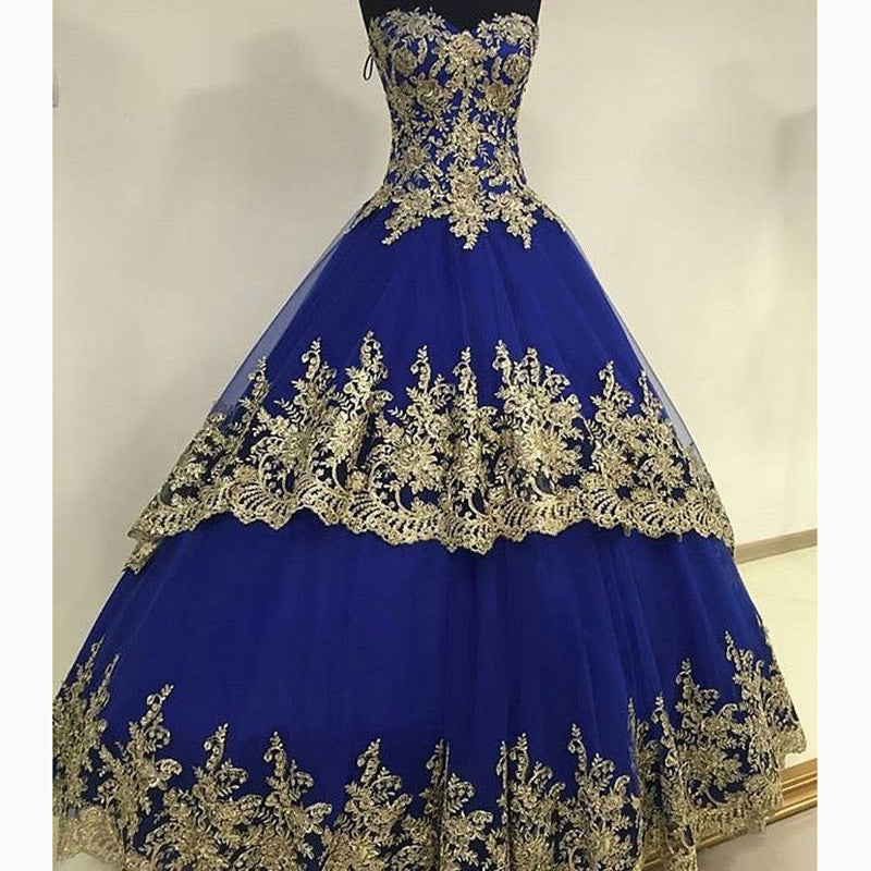 Nouvelles robes de mariée de bal bleu royal avec robe de réception formelle en dentelle dorée 2022 WD5541