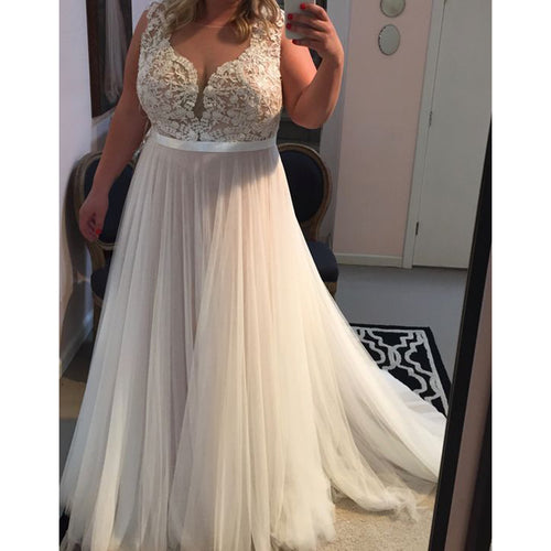 Elegant Simple Lace Tulle A Line Beach Women Wedding Dress Plus Size Bridal Gown Custom Made WD06221