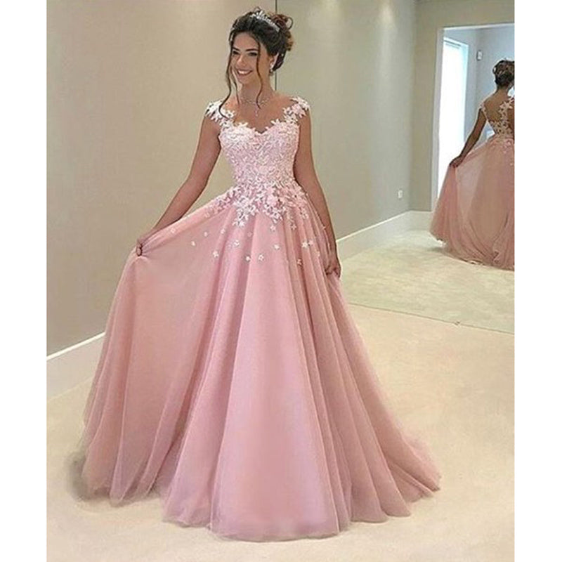 LP5698 Vestido de fiesta largo de tul con apliques de encaje rosa Vestido de fiesta largo