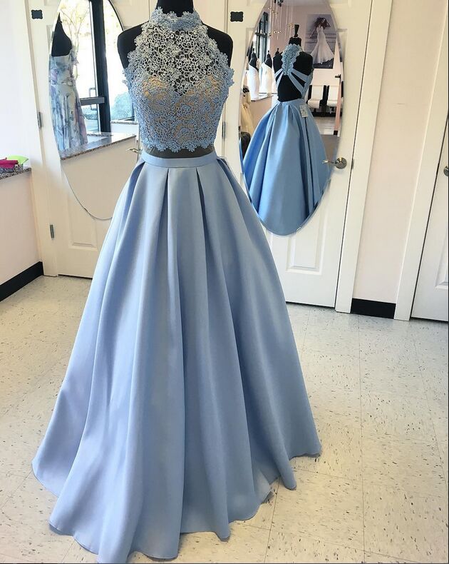 LP877 Vestido de fiesta con top corto, vestido de fiesta largo de satén, dos piezas, vestido formal de graduación para niñas en azul 2018