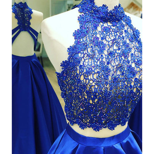 LP877 Crop Top Prom Dress Long Satin Party Gown, Two Pieces Blue Girls Graduation Formal Wear 2018