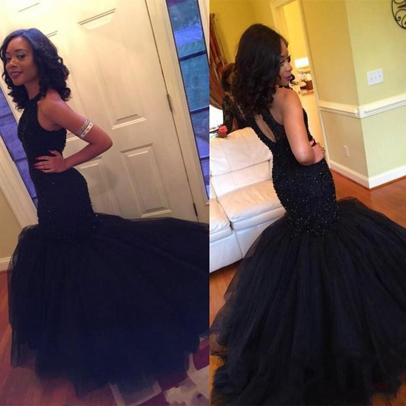 LP 5587 halter Mermaid Beading Prom Dress Black Sexy formal Evening Gown