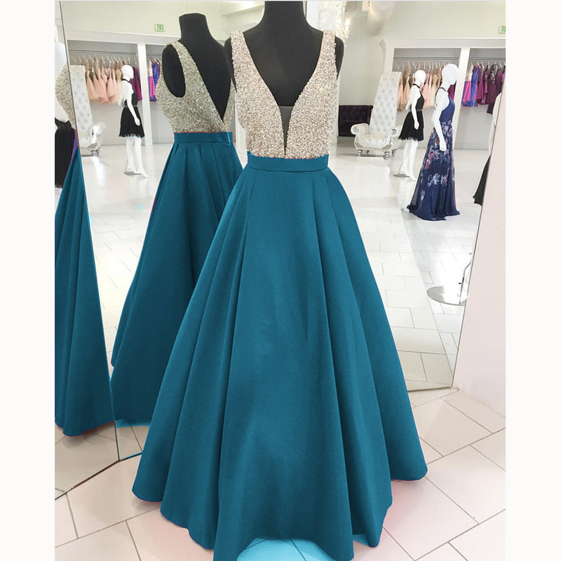 LP3358 Gorgeous Turquiose A Line Satin Senior Prom Dress 2018  Deep V neck Formal evening Gown