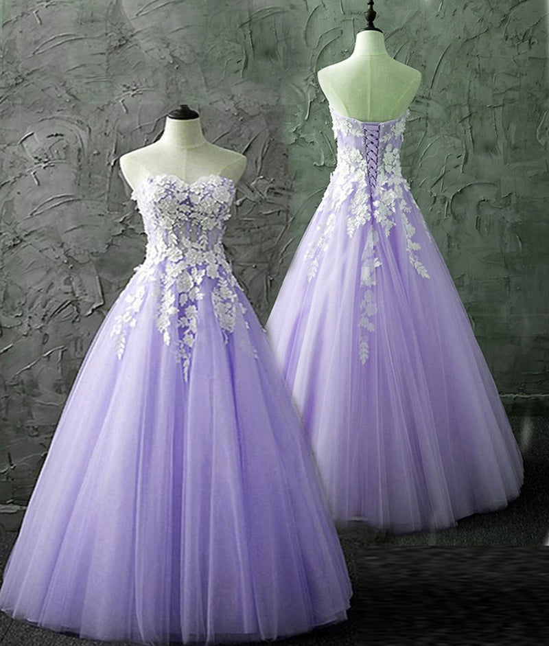 Charming Lilac Long Sweetheart Girls Formal Sweet 16 Birthday Party Dress Quince Años Prom Gown with Ivory Lace PL01206